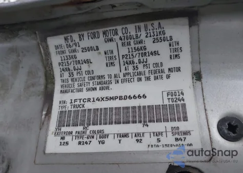 1991 Ford Ranger Super Cab from USA, damaged, VIN 1FTCR14X5MPB06666